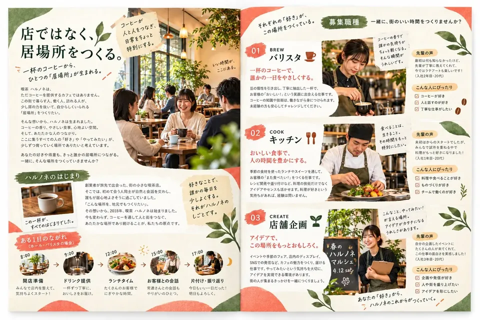 喫茶 ハルノネ 採用パンフレットの中面2ページ