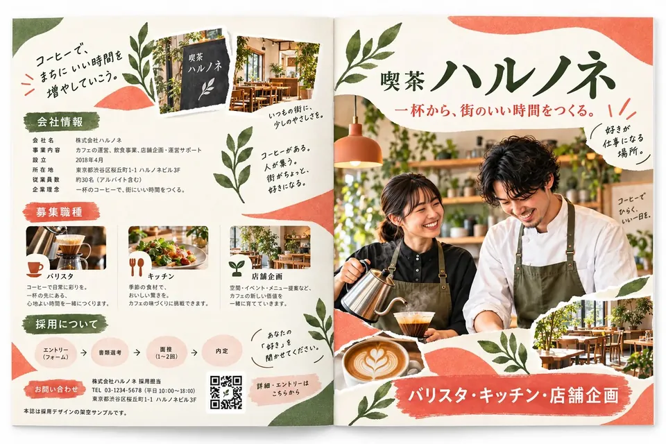 喫茶 ハルノネ 採用パンフレットの裏表紙と表紙