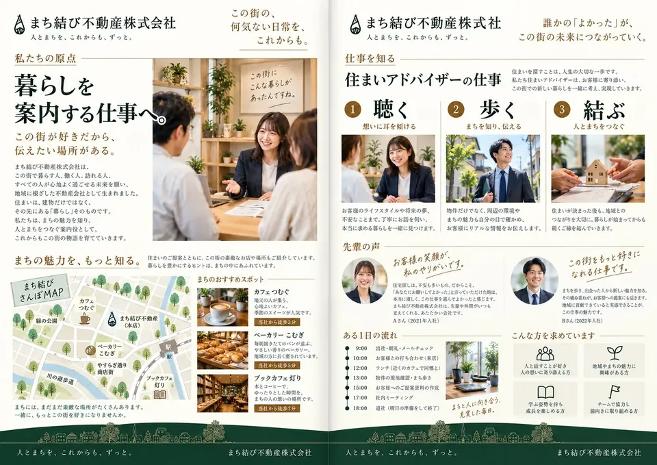 まち結び不動産株式会社 採用パンフレットの中面2ページ