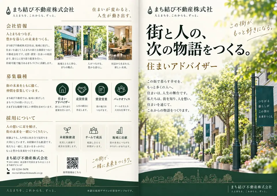 まち結び不動産株式会社 採用パンフレットの裏表紙と表紙
