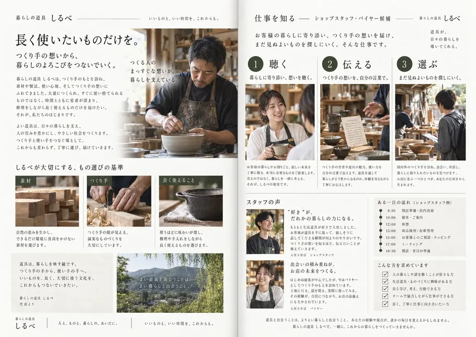暮らしの道具 しるべ 採用パンフレットの中面2ページ