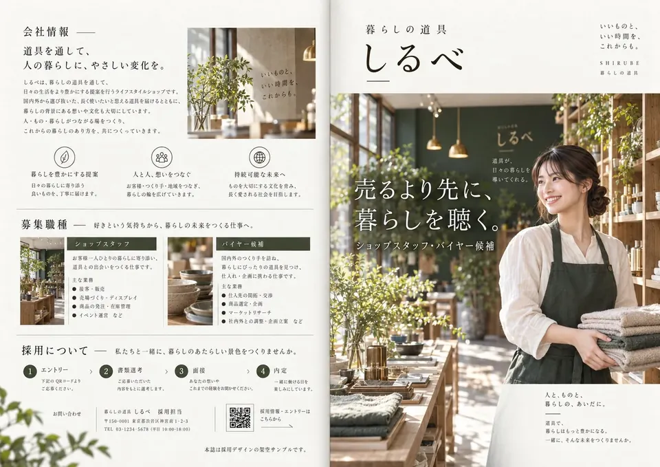 暮らしの道具 しるべ 採用パンフレットの裏表紙と表紙